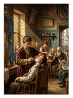 Osmanlı berber dükkanında tıraş olan adamlar ve usta, tarihi tablo.