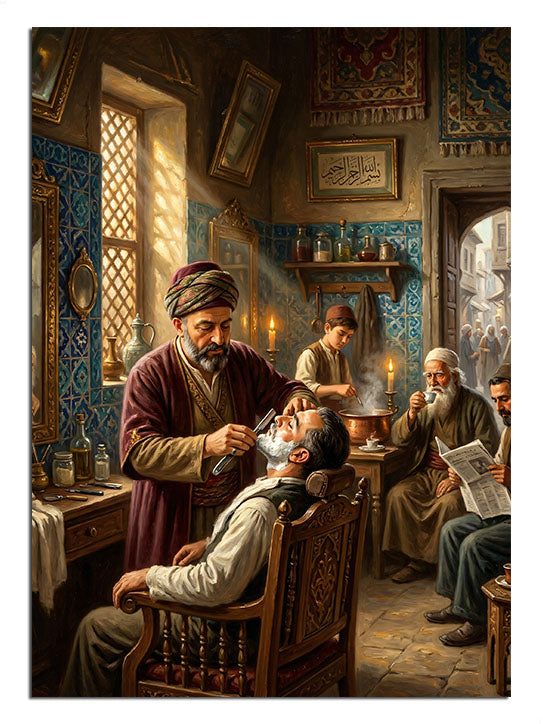 Osmanlı berber dükkanında tıraş olan adamlar ve usta, tarihi tablo.