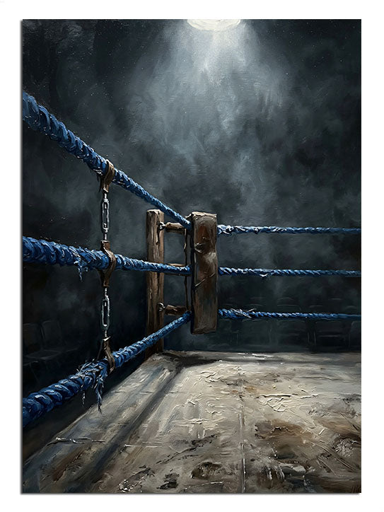 Işık altında boş boks ringi ve duman, spor tablosu.