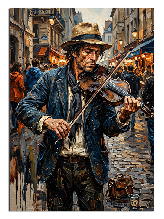 Sokakta keman çalan şapkalı yaşlı adam, insan ve müzik tablosu.