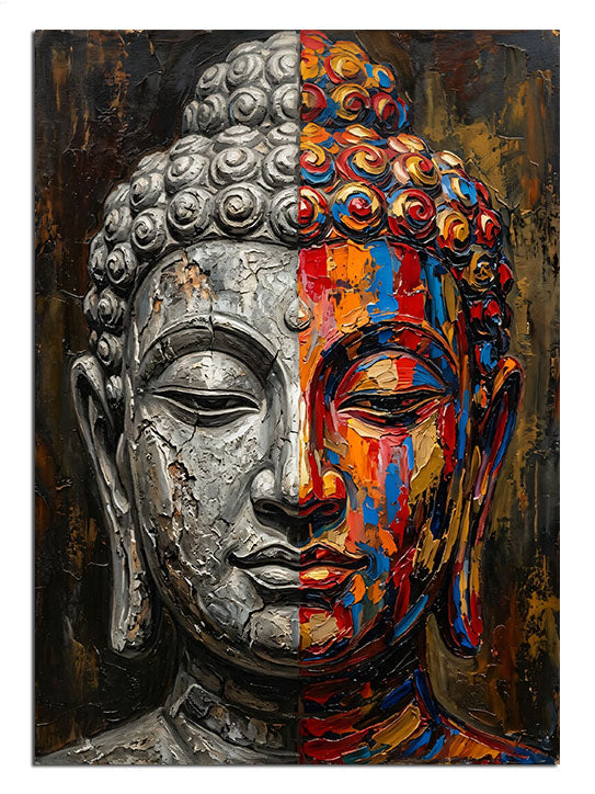 Yarısı taş yarısı renkli Buda heykeli, mistik simge tablosu.