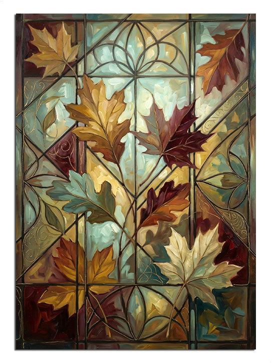 Sonbahar yapraklı vitray pencere deseni, sonbahar tablosu.