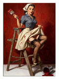 Taburede boya kutusu deviren pin-up kadın, retro tablo.