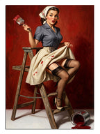 Taburede boya kutusu deviren pin-up kadın, retro tablo.