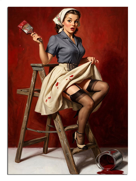 Taburede boya kutusu deviren pin-up kadın, retro tablo.