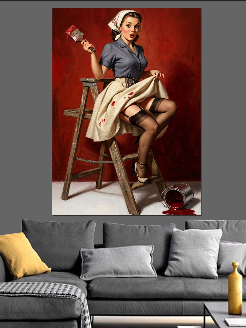 Taburede Oturan Pin-Up Boyacı Kadın Kanvas Tablo