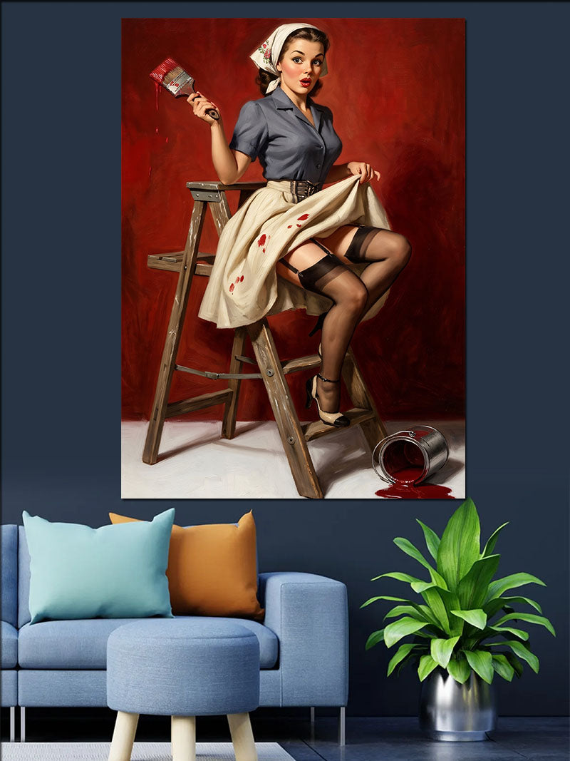 Taburede Oturan Pin-Up Boyacı Kadın Kanvas Tablo