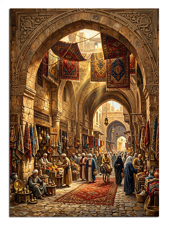 Halı dükkanlı Osmanlı kapalı çarşı ve kemerler, tarihi tablo.