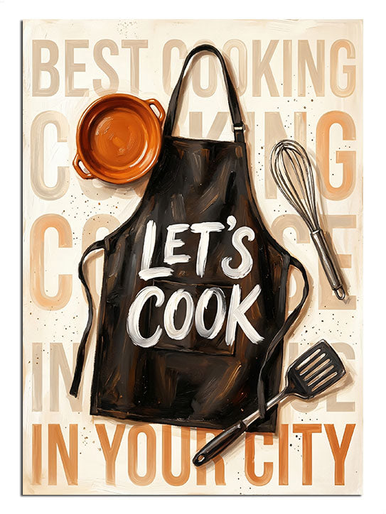 Let's Cook yazılı siyah önlük ve mutfak yazıları, mutfak tablosu.