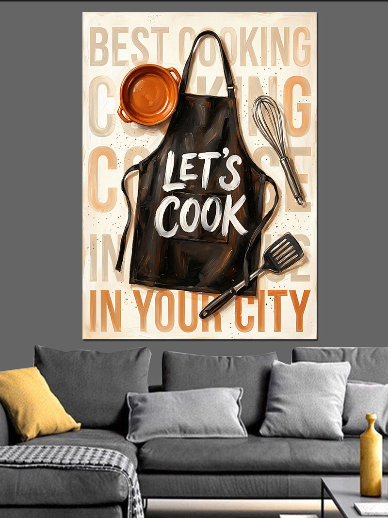 Let's Cook Siyah Önlük ve Mutfak Yazısı Kanvas Tablo