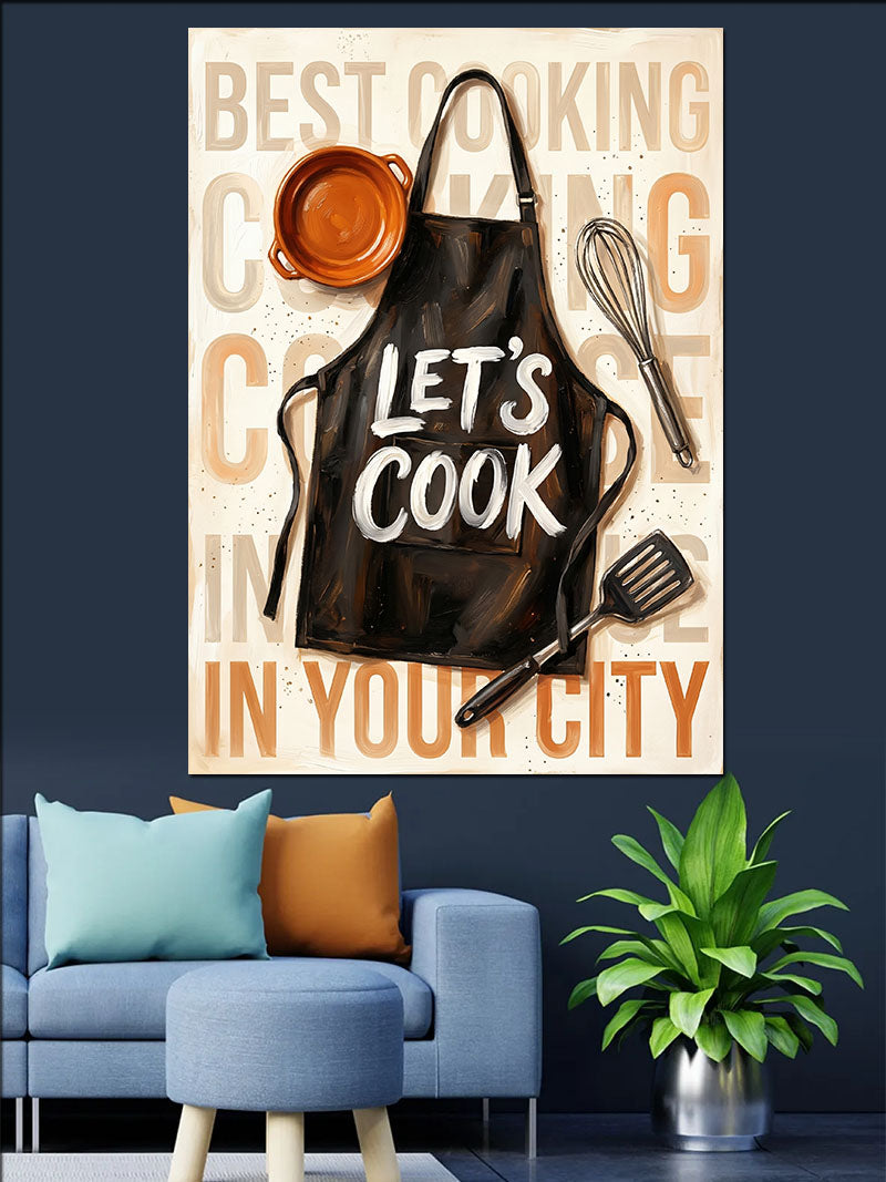 Let's Cook Siyah Önlük ve Mutfak Yazısı Kanvas Tablo