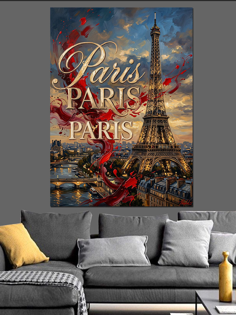 Paris Eyfel Kulesi ve Kırmızı Yazı Kanvas Tablo