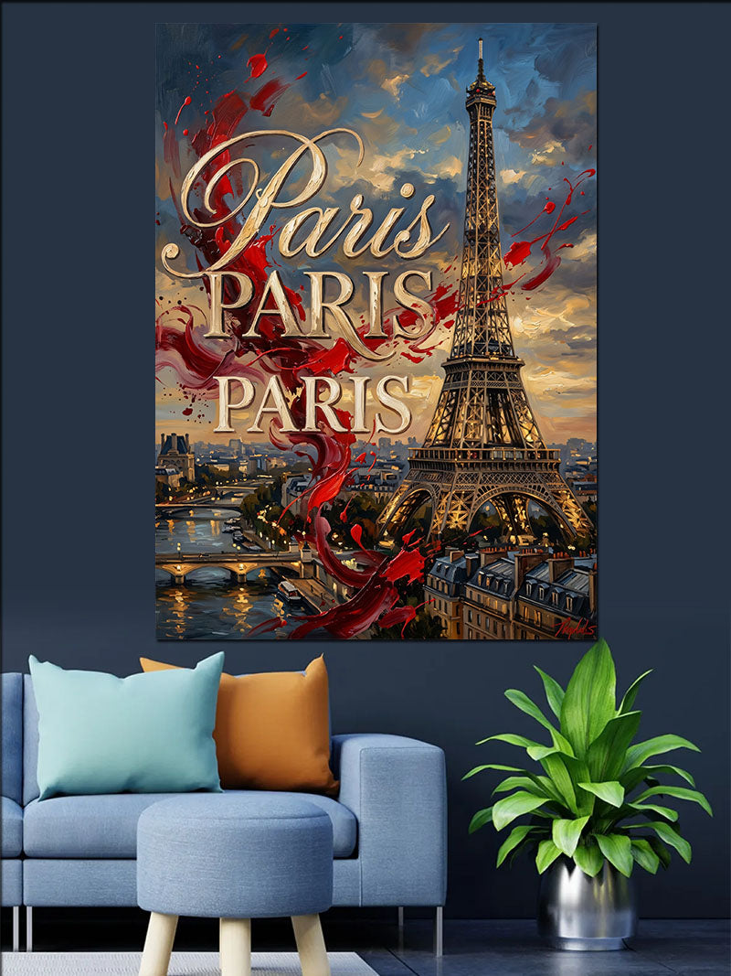 Paris Eyfel Kulesi ve Kırmızı Yazı Kanvas Tablo