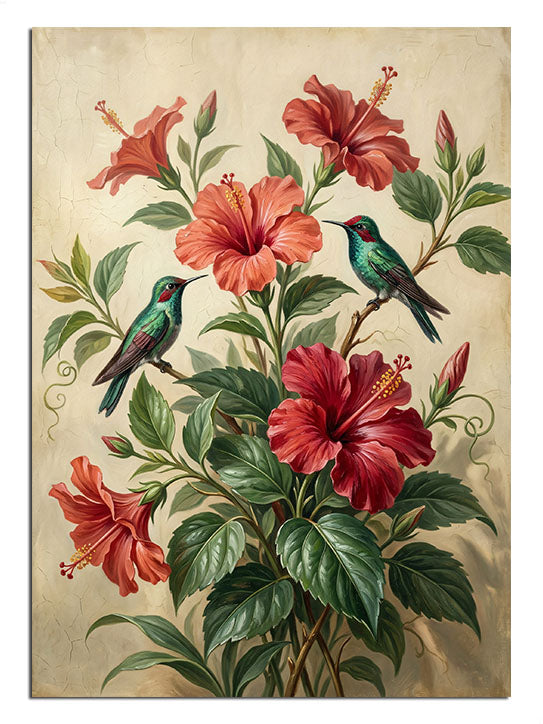 Kırmızı hibiskus ve yeşil kuşlar, çiçek ve hayvan tablosu.