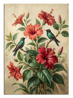 Kırmızı hibiskus ve yeşil kuşlar, çiçek ve hayvan tablosu.
