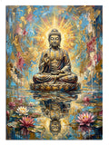 Nilüferler üzerinde oturan Buda heykeli ve ışık, mistik simge tablosu.