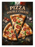 Pizza Double Cheese yazılı dilimli pizza ve malzemeler, yiyecek tablosu.
