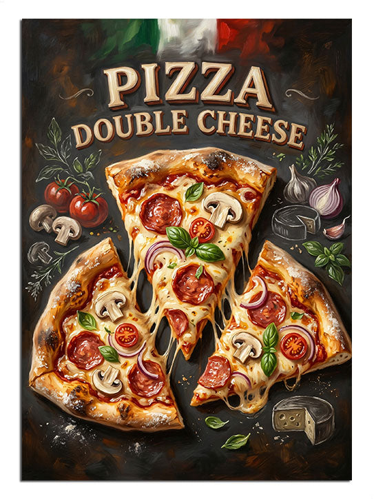 Pizza Double Cheese yazılı dilimli pizza ve malzemeler, yiyecek tablosu.