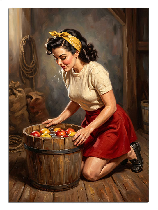 Fıçıda elma toplayan kırmızı etekli kadın, vintage insan tablosu.