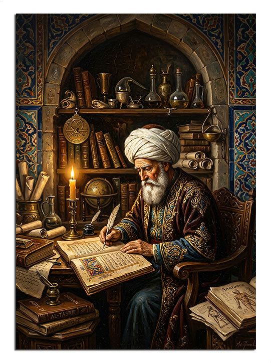 Mum ışığında yazı yazan sarıklı alim ve kitaplar, tarihi tablo.