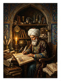 Mum ışığında yazı yazan sarıklı alim ve kitaplar, tarihi tablo.