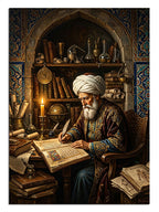 Mum ışığında yazı yazan sarıklı alim ve kitaplar, tarihi tablo.