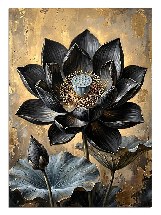 Altın fonda siyah lotus çiçeği ve tomurcuk, lüks çiçek tablosu.