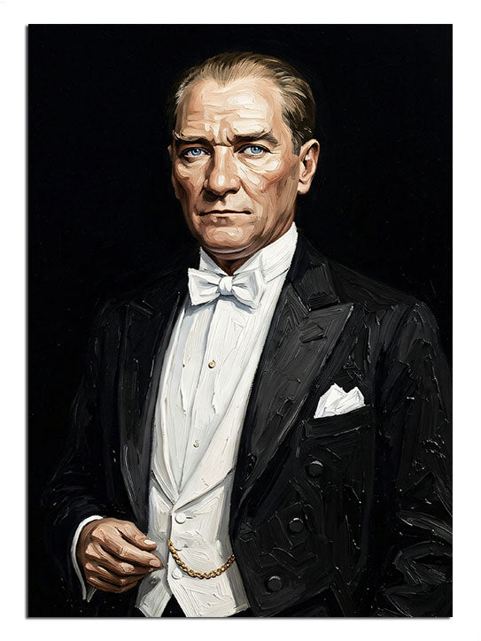 Siyah fonda smokinli Atatürk portresi ve papyon, Atatürk tablosu.