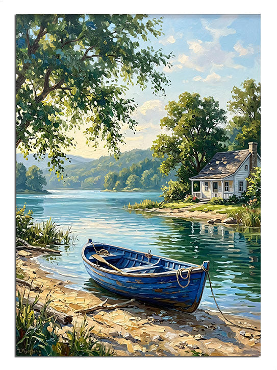 Göl kenarında mavi kayık ve ağaçlı ev ve göl, manzara tablosu.
