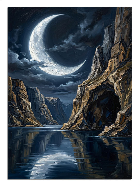 Dolunay ve hilal altında kayalık koy ve mağara, gece manzara tablosu.