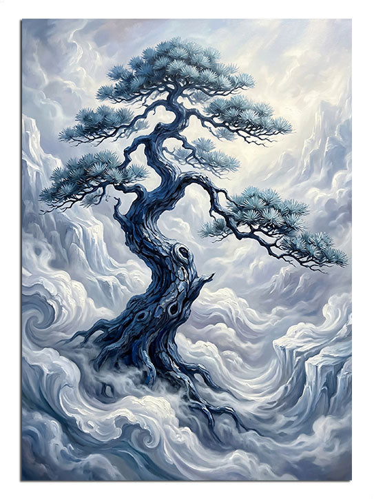 Bulutlar arasında kıvrımlı bonsai ağacı, mistik ağaç tablosu.