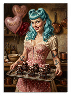 Kalpli balonlu cupcake taşıyan mavi saçlı pin-up kız, retro tablo.
