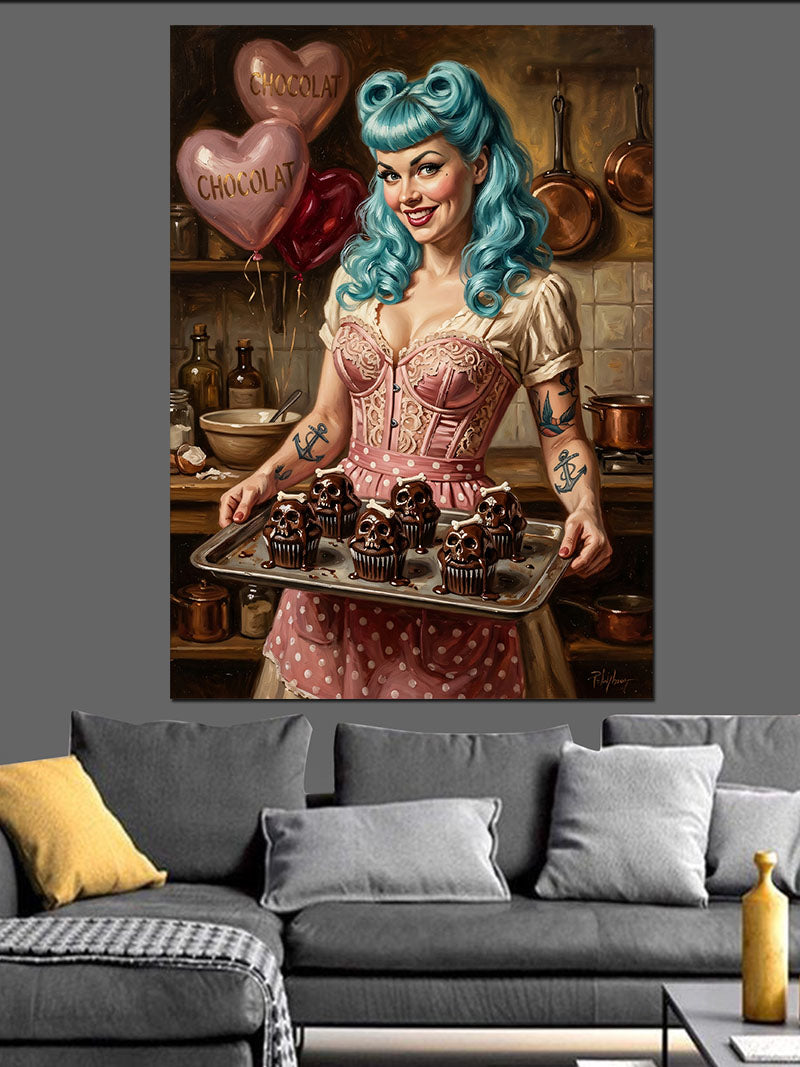 Cupcake Taşıyan Mavi Saçlı Pin-Up Kanvas Tablo