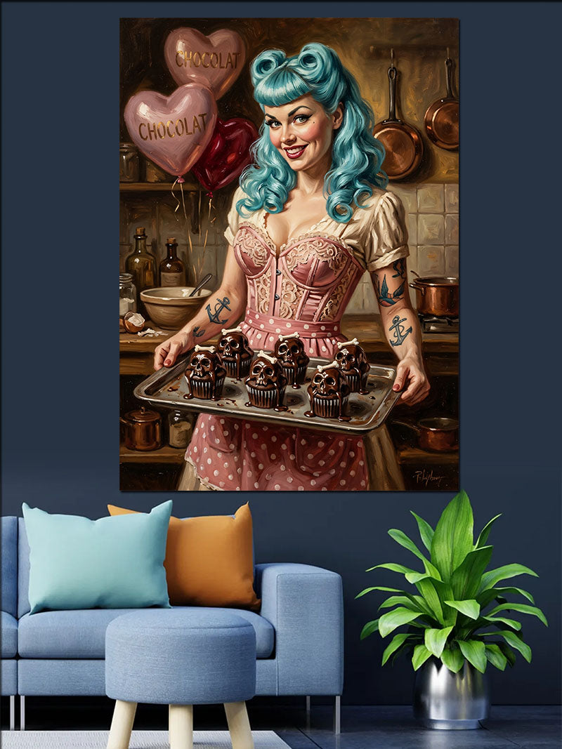 Cupcake Taşıyan Mavi Saçlı Pin-Up Kanvas Tablo