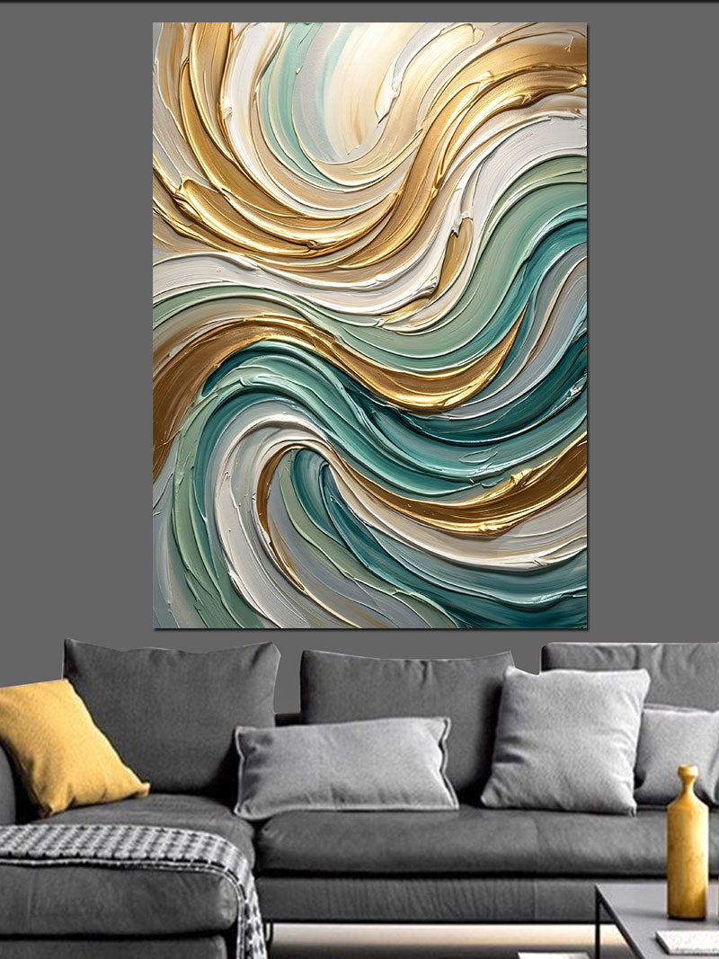 Altın Turkuaz Soyut Dalga Deseni Kanvas Tablo