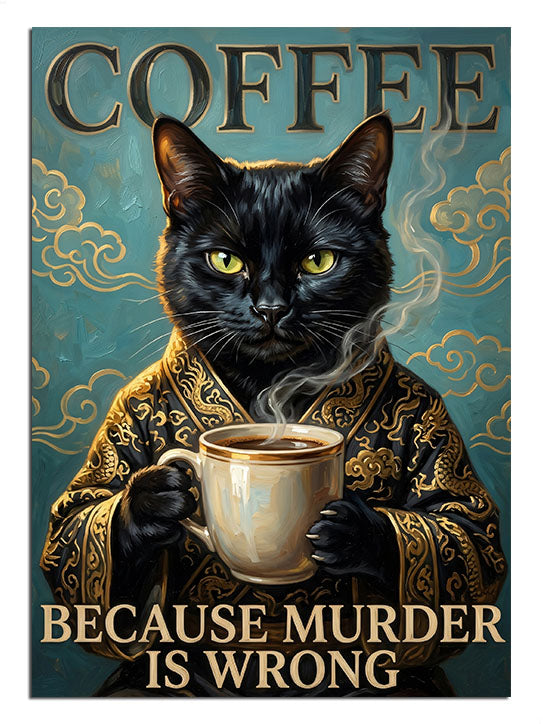 Coffee Because Murder Is Wrong yazılı kahve içen kara kedi, mizahi tablo.