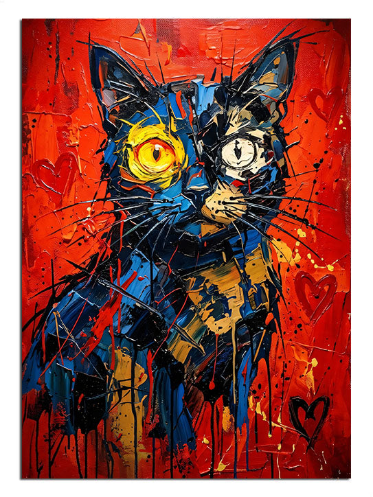 Kırmızı fonda mavi sarı pop-art kedi portresi, hayvan tablosu.