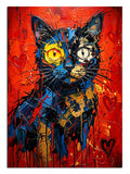 Kırmızı fonda mavi sarı pop-art kedi portresi, hayvan tablosu.