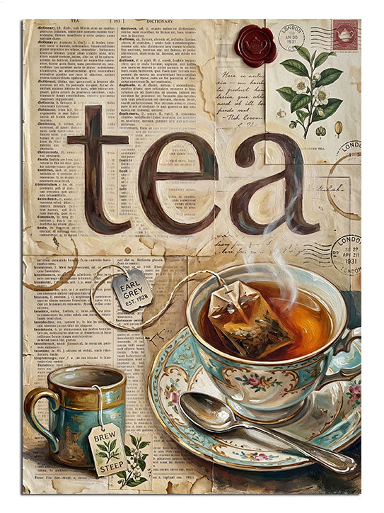 Eski gazete üzerinde tea yazılı çay fincanı kolaj, vintage tablo.