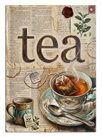 Eski gazete üzerinde tea yazılı çay fincanı kolaj, vintage tablo.