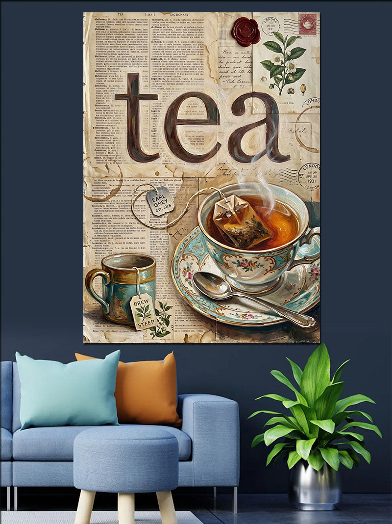 Tea Yazılı Çay Fincanı Kolaj Kanvas Tablo