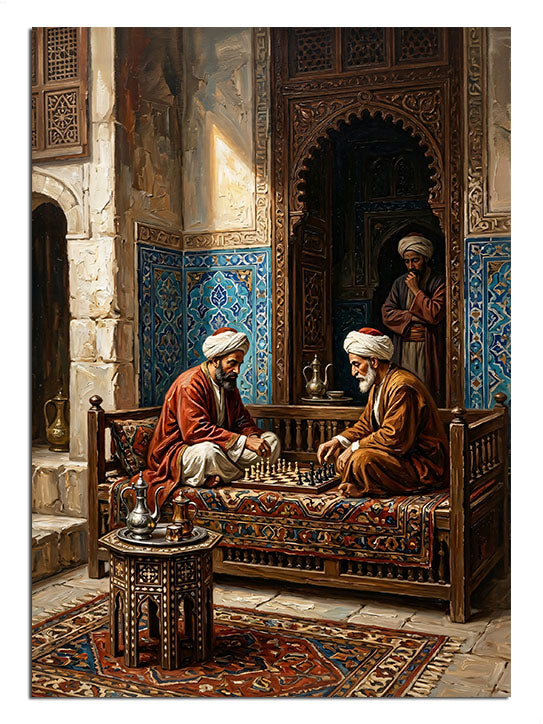 Osmanlı odasında tavla oynayan sarıklı adamlar, tarihi tablo.