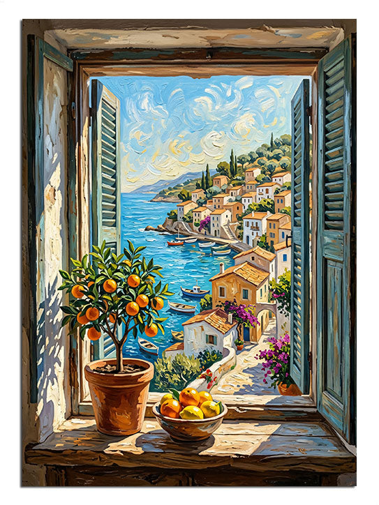 Pencereden deniz ve kasaba manzaralı limon ağaçlı masa, manzara tablosu.