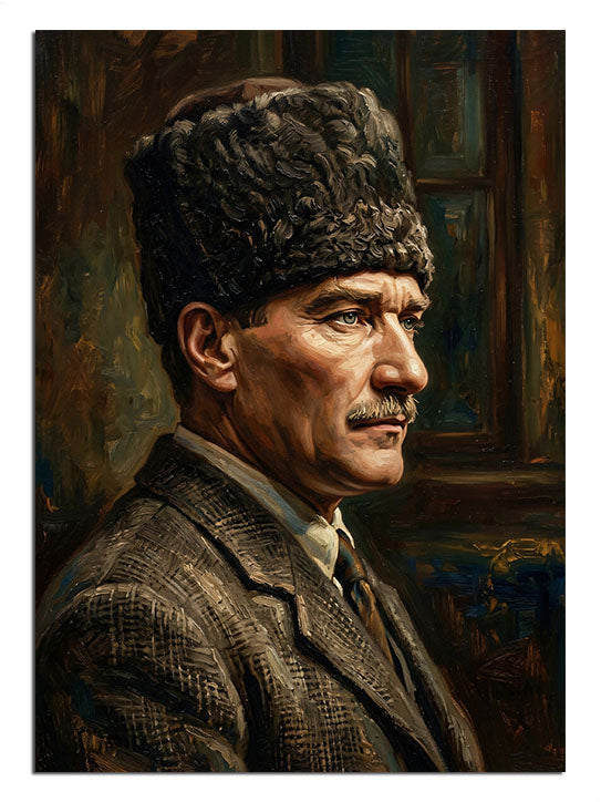 Kalpaklı Atatürk yan profil portresi, Atatürk temalı tablo.