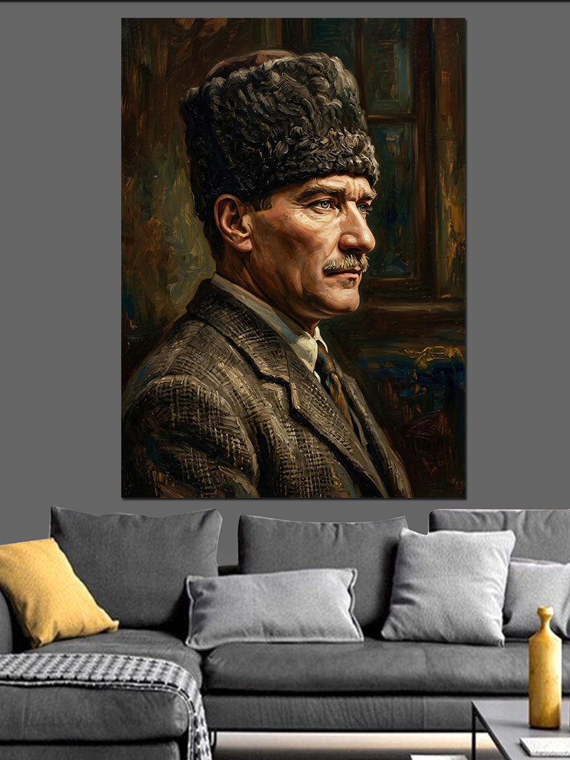 Kalpaklı Atatürk Yan Profil Portresi Kanvas Tablo