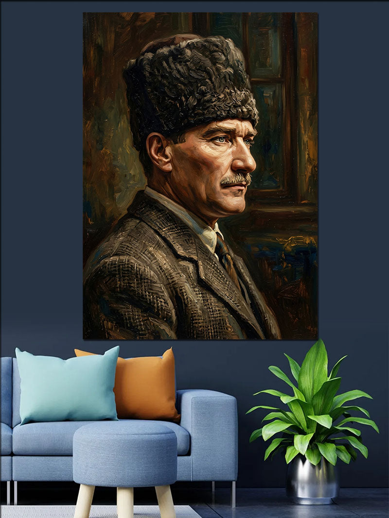 Kalpaklı Atatürk Yan Profil Portresi Kanvas Tablo
