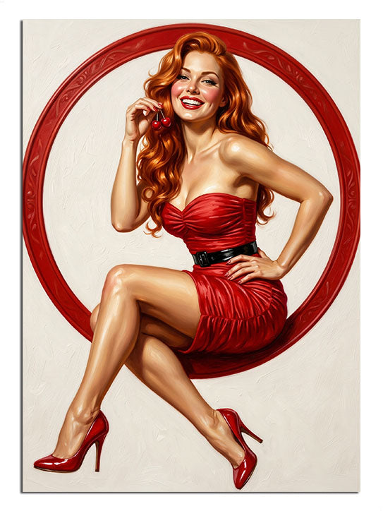 Kırmızı dairede oturan kırmızı elbiseli kızıl saçlı pin-up, retro tablo.