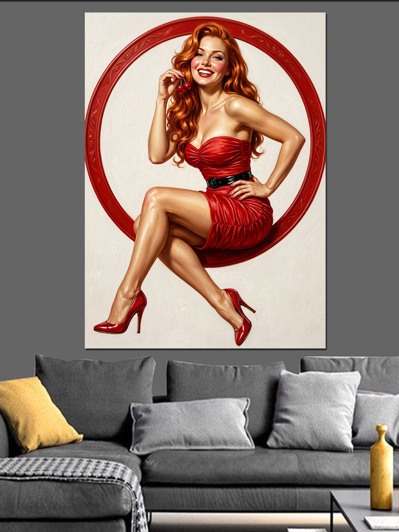 Kırmızı Dairede Kırmızı Elbiseli Pin-Up Kanvas Tablo