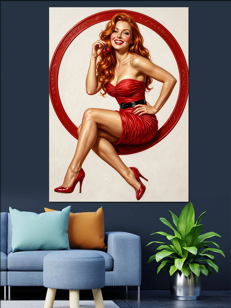 Kırmızı Dairede Kırmızı Elbiseli Pin-Up Kanvas Tablo