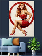 Kırmızı Dairede Kırmızı Elbiseli Pin-Up Kanvas Tablo